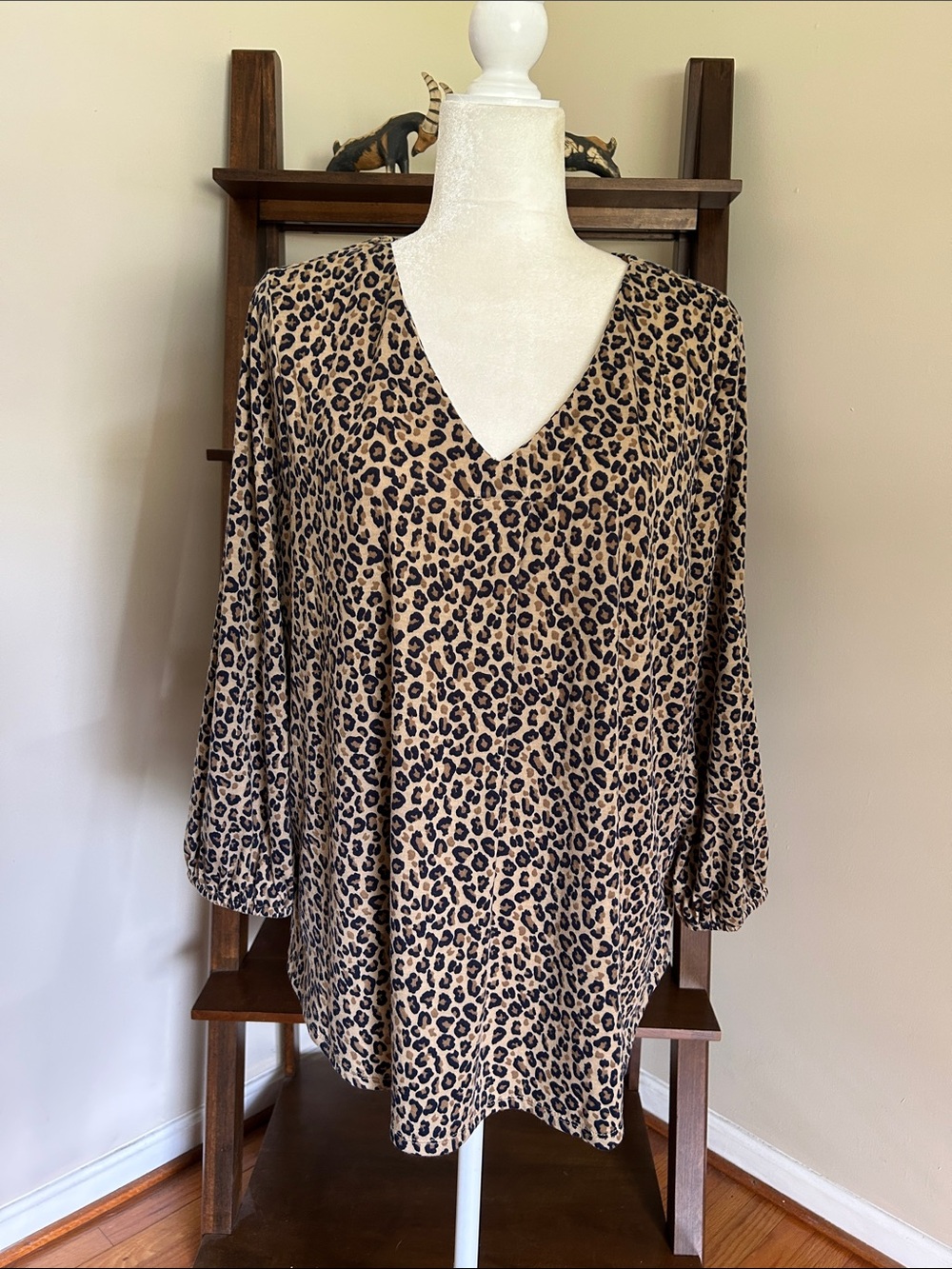 Kim Rogers Leopard Print V-Neck Tunic Blouse - Beige and Black